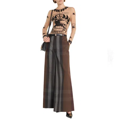 Burberry Checked Wide Leg Canvas Pants Women In Brown