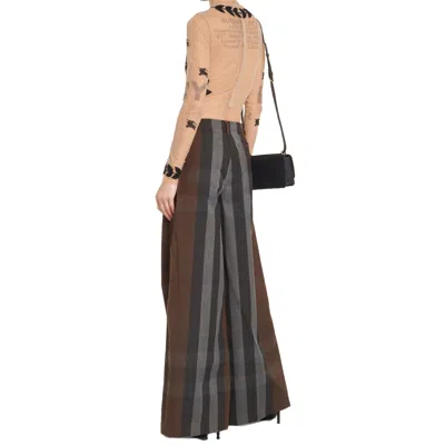 Burberry Checked Wide Leg Canvas Pants Women In Brown