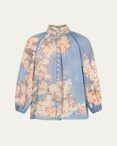 Zimmermann Rhiannon Billow Blue Blouse With High Neck And All-over Paisley Print In Ramie Woman In Black