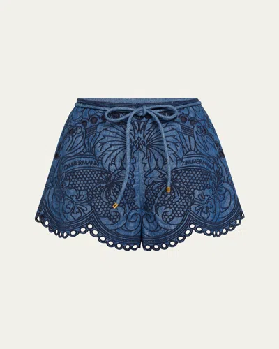 Zimmermann Womens Railway Blue Coco Embroidered Denim Shorts In Blue