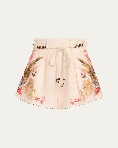 Zimmermann Ascension Belted Bead-embellished Floral-print Linen Shorts In Neutral