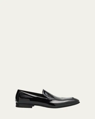 Bergdorf Goodman Men's Piped Patent Leather Apron-toe Venetian Loafers In Black