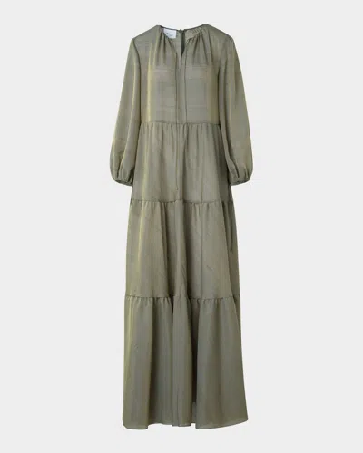 Akris Punto Long-sleeve Tiered Silk Batiste A-line Maxi Dress In Green