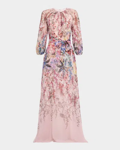 Rickie Freeman For Teri Jon Blouson-sleeve Floral-print Chiffon Gown