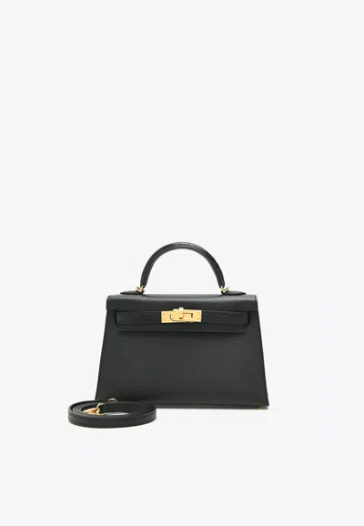 Pre-owned Hermes Mini Kelly 20 Sellier Touch In Black Madame And Matte Alligator With Gold Hardware