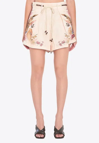 Zimmermann Ascension Belted Bead-embellished Floral-print Linen Shorts