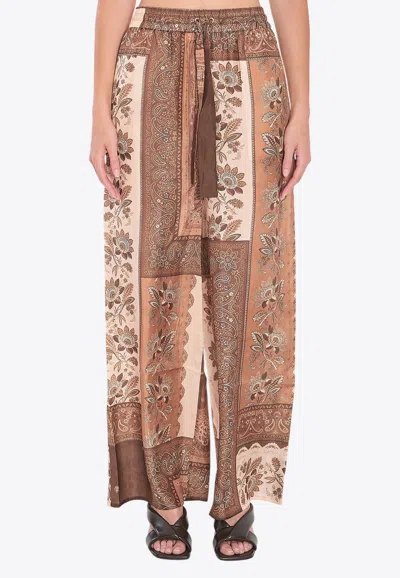 Zimmermann Lucky Brown Pants With Elastic Drawstring Waist And All-over Floral Print In Silk Woman
