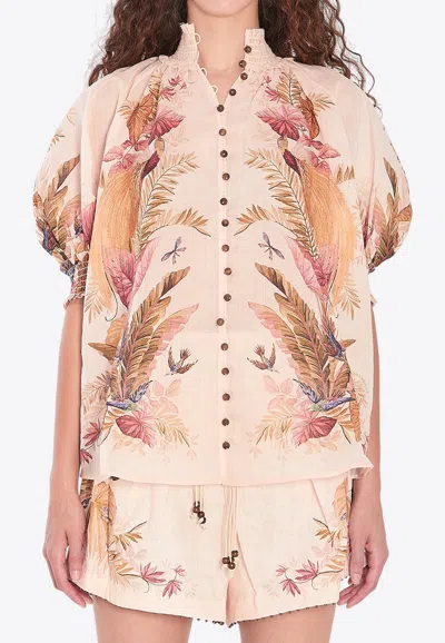 Zimmermann Ascension Embellished Shirred Floral-print Ramie Blouse