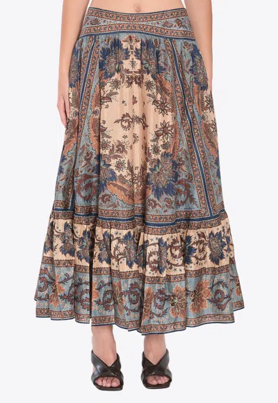 Zimmermann Womens Blue Cream Indienne Ascension Tiered Silk Midi Skirt Xs