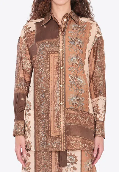 Zimmermann Lucky Brown Shirt With Classic Collar And All-over Floral Print In Silk Woman