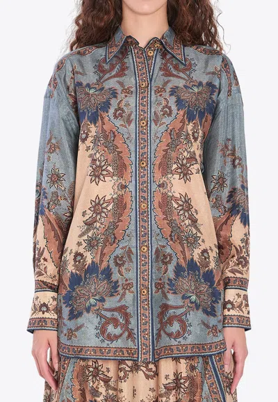 Zimmermann Womens Blue Cream Indienne Ascension Manstyle Graphic-pattern Silk Shirt