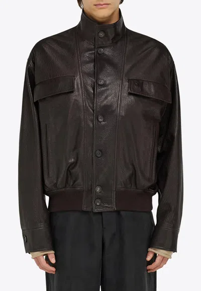 Ferragamo Stand-up Collar Leather Jacket In Brown