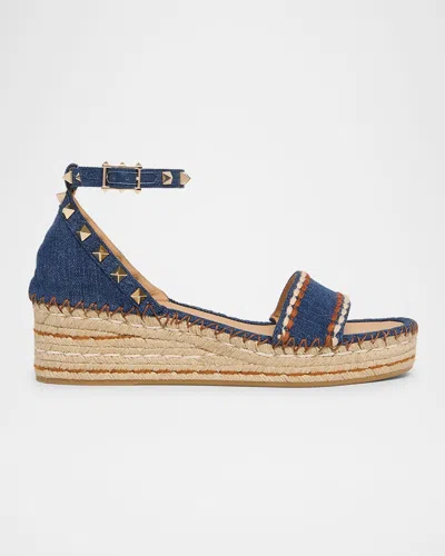 Valentino Rockstud Denim Wedge Espadrille Sandals In Blue