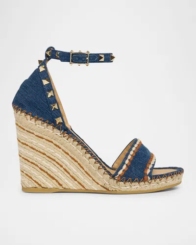 Valentino Rockstud 105 Denim Wedge Sandal In Blue