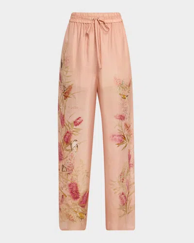 Zimmermann Womens Pink Botanical Floral Cascadian Wide-leg Silk Trousers In Neutral