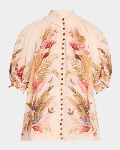 Zimmermann Ascension Embellished Shirred Floral-print Ramie Blouse