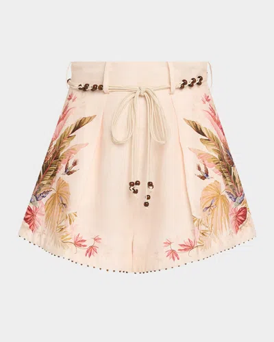Zimmermann Ascension Belted Bead-embellished Floral-print Linen Shorts In Neutral