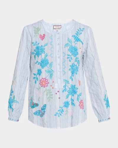 Johnny Was Field Striped Floral-embroidered Henley Blouse In White