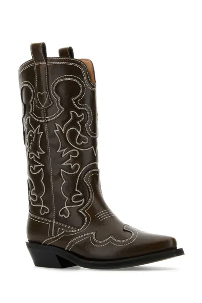 Ganni Mid Shaft Embroidered Western Boot Oleatex Boots Black In Black