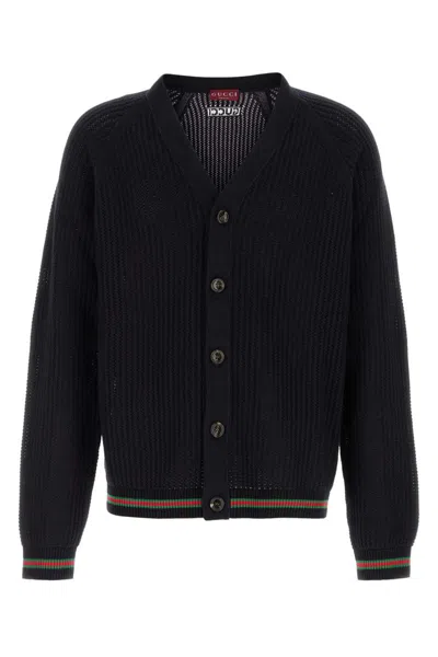 Gucci Crochet Cardigan With V Neck And Striped Hem In Black