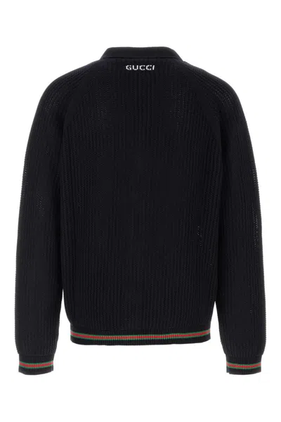 Gucci Crochet Cardigan With V Neck And Striped Hem In Black