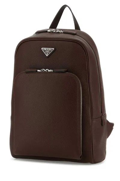 Prada Leather Backpack With Top Handle And Front Zip Pocket In Brown