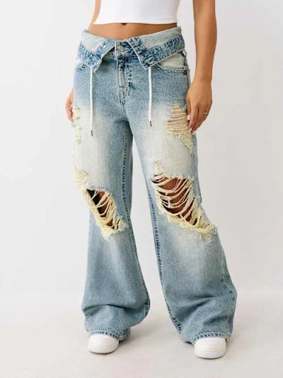 True Religion Women's Bobbi Double Waistband Distressed Baggy Jean In Blue