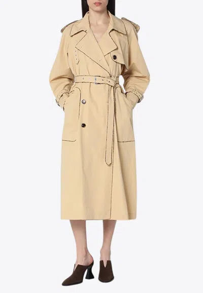 Dries Van Noten Double-breasted Beige Trench Coat In Cotton In Multi