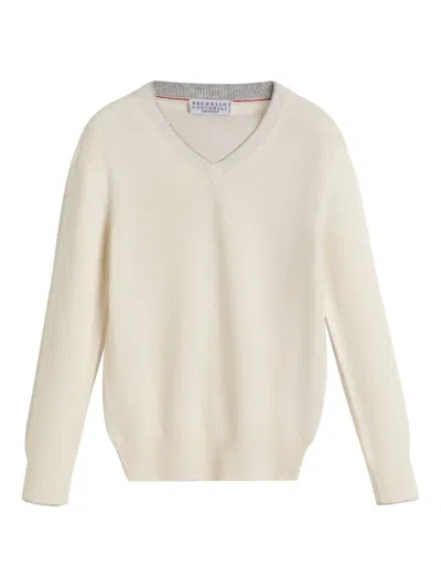 Brunello Cucinelli V-neck Cashmere Sweater In Neutral