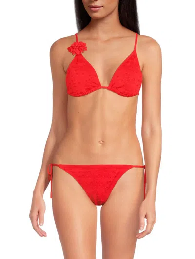 Red Carter Eyelet Triangle Swim Top In Red
