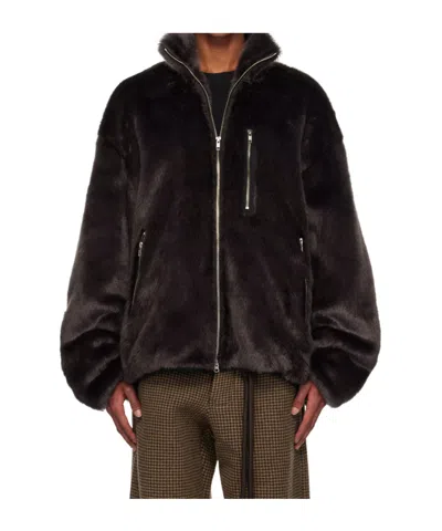 Song For The Mute Gray Funnel Faux-fur Track Jacket In Burgundy