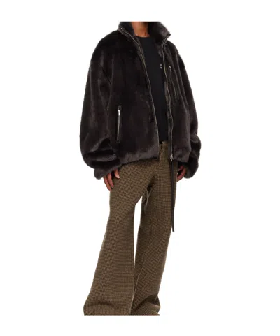 Song For The Mute Gray Funnel Faux-fur Track Jacket In Burgundy