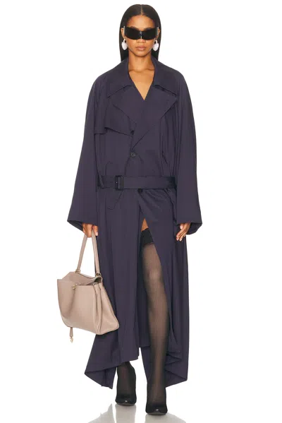 Balenciaga Draped Neck Trench Coat In Blue