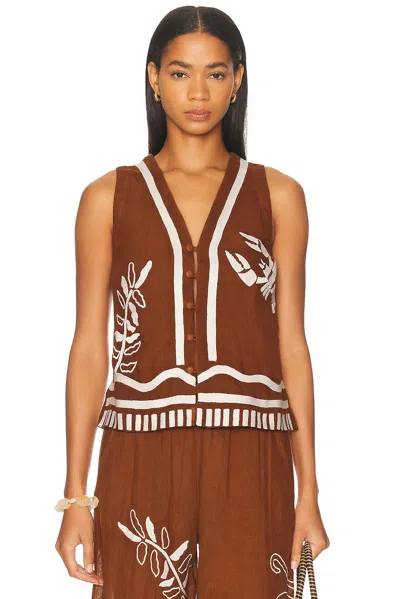 Eres Mermaid Oursin Embroidered Linen Vest In Brown
