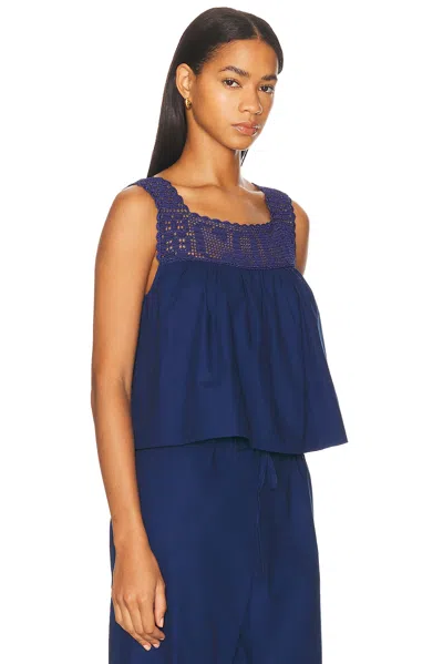Calle Del Mar Heirloom Crochet-trimmed Gathered Cotton-poplin Top In Blue