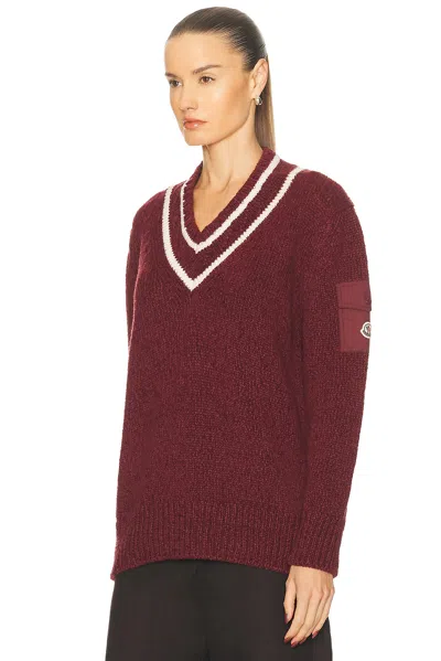 Moncler Burgundy Padded V-neck Sweater In Red