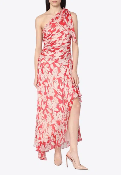 Victoria Beckham Floral Print One-shoulder Draped Midi Dress In Multi