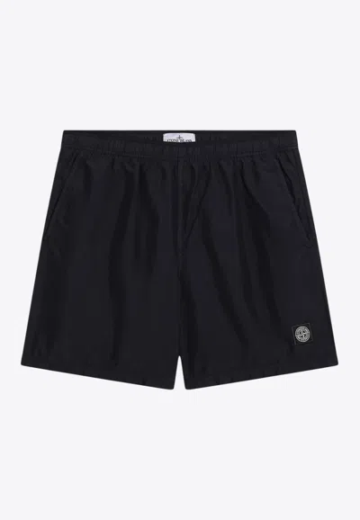 Stone Island Compass-badge Crinkled Shorts In Blue