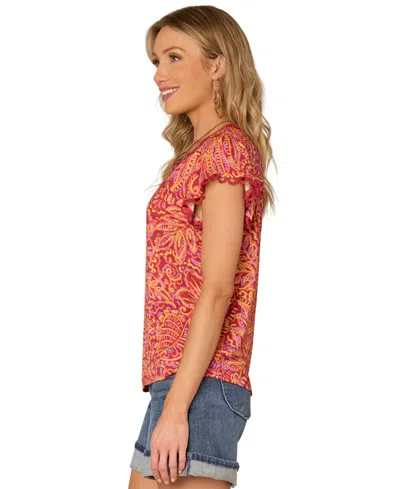 Democracy Petite Flutter-sleeve Printed Knit Top In Multi