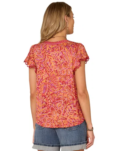 Democracy Petite Flutter-sleeve Printed Knit Top In Multi
