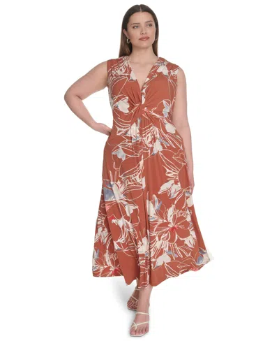 Calvin Klein Plus Size Sleeveless V-neck Midi Dress In Brown