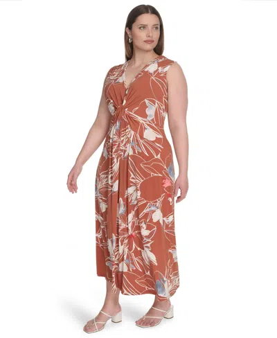 Calvin Klein Plus Size Sleeveless V-neck Midi Dress In Brown