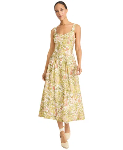 Maggy London Palm Print Empire Waist Fit & Flare Midi Dress In Yellow