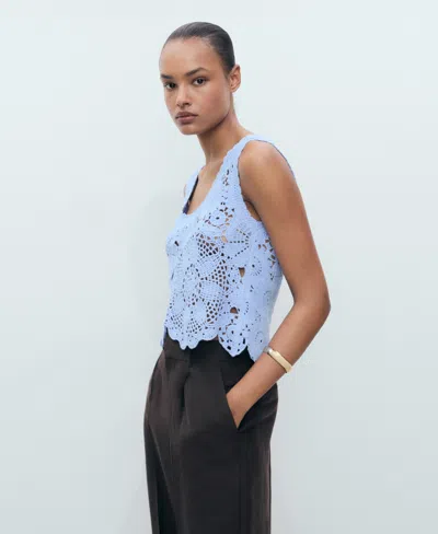 Mango Crochet Top With Flowers Sky Blue In Blue