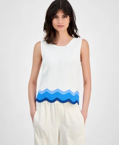 T Tahari Women's Crewneck Striped-hem Sleeveless Sweater In White