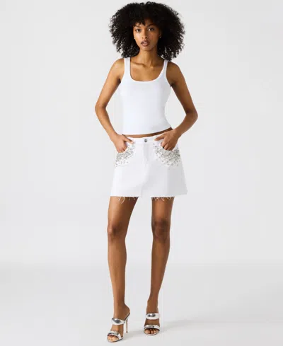 Steve Madden Eras Rhinestone Raw Hem Denim Miniskirt In White