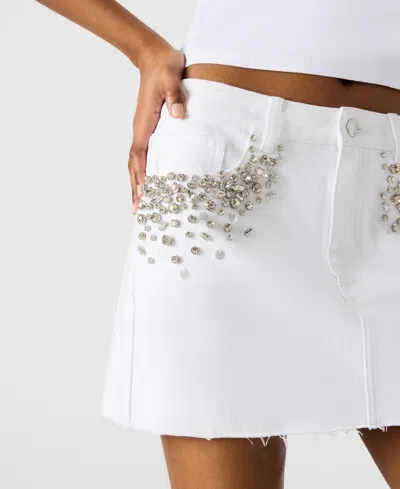Steve Madden Eras Rhinestone Raw Hem Denim Miniskirt In White