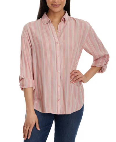 Gloria Vanderbilt Women's Amanda Striped Roll-tab-sleeve Button-front Shirt In Pink