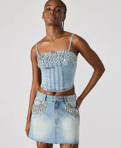 Steve Madden Eras Rhinestone Frayed Denim Mini Skirt In Blue