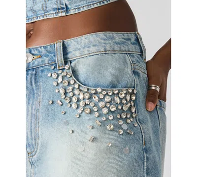Steve Madden Eras Rhinestone Frayed Denim Mini Skirt In Blue